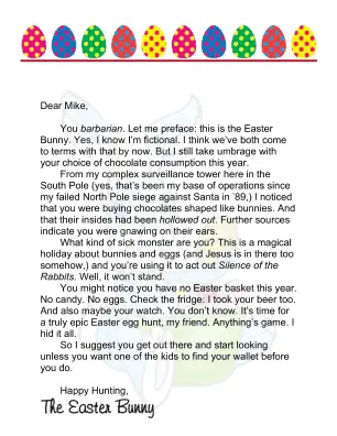 Easter Bunny Letter Adult Egg Hunt