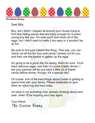 Easter Morning Letter from The Easter Bunny to a Boy